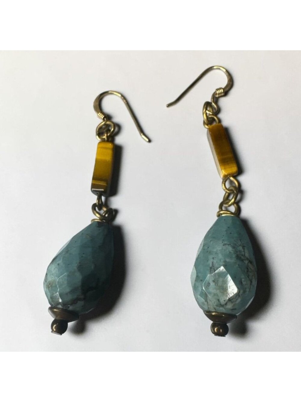 Tiger Eye & Turquoise Drop Earrings With Gold-Tone Hooks Lightweight & Handmade